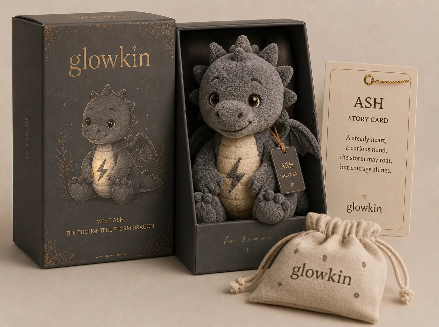 Ash plush dragon in his open Glowkin presentation box
